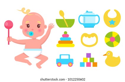 Small kid with raised hands that holding big pink rattle, vector illustration with white backdrop, dishware and toy car, duck and cubes, bib and ball