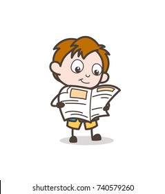 Small Kid Reading Newspaper - Cute Cartoon Kid Vector

