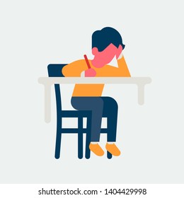 Small kid studying behind desk. Abstract geometric illustration of little child doing homework or learning sitting on chair writing