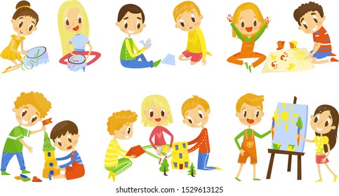 Small Kids Doing Different Things Together Vector Illustration