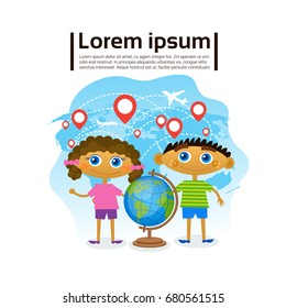 Small Kids Holding Globe Over World Map, Children Learning Geography Hobby Flat Vector Illustration