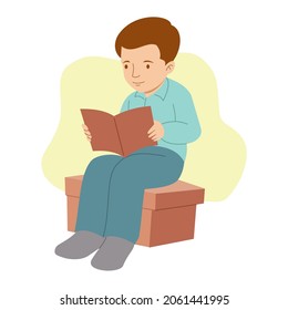 Small kids holding open books and reading. Vector image