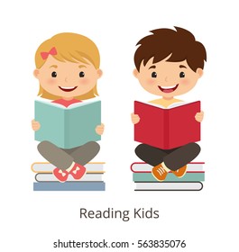 Small kids holding open books and reading. Vector concept illustration