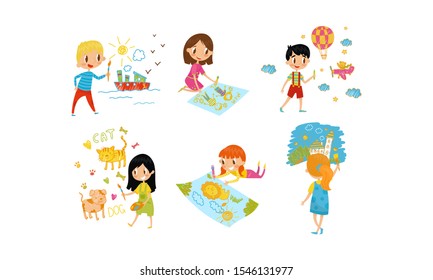 Small Kids Painting On Paper With Paints Vector Illustration Set