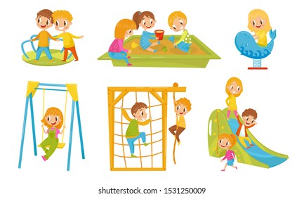 Small Kids Playing In The Playground Vector Isolated Illustrations.