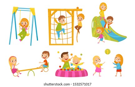 Small Kids Playing In The Playground Vector Isolated Illustrations