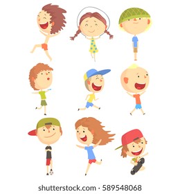 Small Kids Playing And Running, Having Fun On Summer Vacation Outdoors Series Of Cool Cartoon Characters