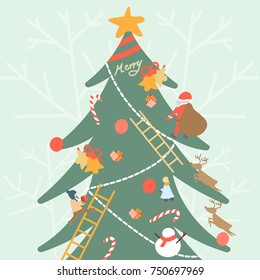 small kids and santa decorate big christmas tree, merry christmas