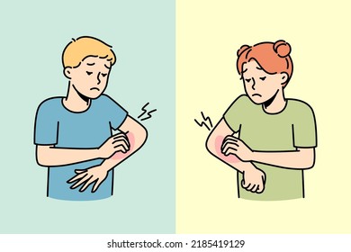 Small kids scratch arms suffer from seasonal allergy outdoors. Children feel itchy struggle with dermatitis or insect bite. Healthcare. Vector illustration. 