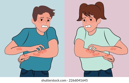 Small kids scratch arms suffer from seasonal allergy outdoors. Children feel itchy struggle with dermatitis or insect bite. Healthcare. Vector illustration.