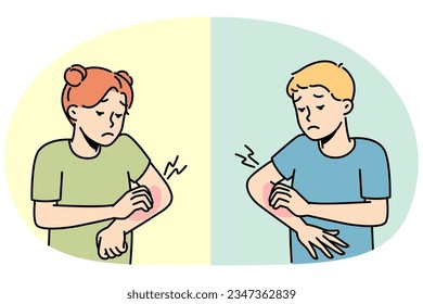 Small kids scratch arms suffer from seasonal allergy outdoors. Children feel itchy struggle with dermatitis or insect bite. Healthcare. Vector illustration.