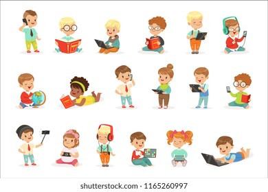 Small Kids Using Modern Gadgets And Reading Books, Childhood And Technology Series Of Cute Illustrations