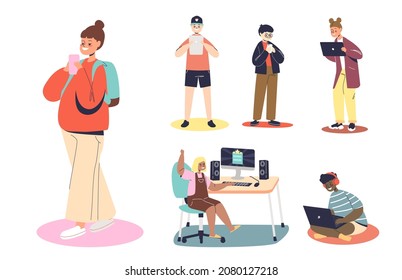 Small kids using modern gadgets smartphones, laptop, computer, digital tablet for playing games, learning and surfing social media. Children and devices concept. Cartoon flat vector illustration