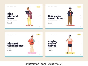 Los niños pequeños usan el concepto moderno de gadgets de las páginas de inicio de plantillas con niños que tienen smartphones, laptop, computadora, tablet digital para jugar o aprender. Dibujo vectorial plano de dibujos animados