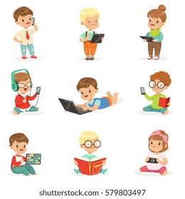 Small Kids Using Modern Gadgets And Reading Books, Childhood And Technology Set Of Cute Illustrations