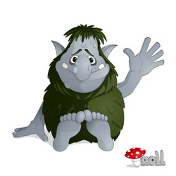 Small Kind Forest Troll Of Gray From Norvegian Folklore Dressed In Leaves Sitting And Greeting Drawn In Cartoon Style