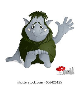 Small kind forest troll of gray from norvegian folklore dressed in leaves sitting and greeting drawn in cartoon style