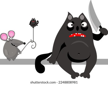 A small kind mouse with a ball in the form of a cat sits next to an evil black cat with a knife. Cartoon. halloween