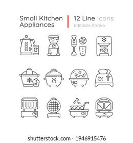 Small kitchen appliance linear icons set. Smart kettle. Coffee grinder. Slow cooker. Toaster. Customizable thin line contour symbols. Isolated vector outline illustrations. Editable stroke