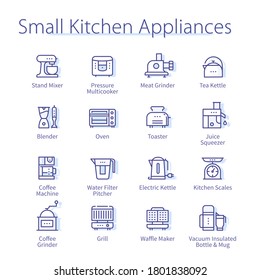 Small kitchen appliances concept. Coffee machine, grill, juicer, toaster, blender, microwave oven thin line icons set. Modern household cooking equipment isolated linear vector illustrations