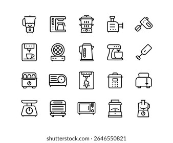 Small Kitchen Appliances Vector Icon Set – Blender, Coffee Machine, Toaster, Food Processor, Microwave, Waffle Maker, Electric Kettle, Instant Pot, Mixer, Steamer, Meat Grinder, Scales