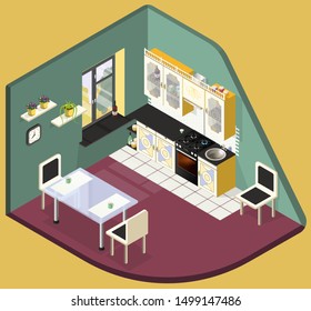 Small kitchen in bright colors. Each piece of furniture in a separate layer is named. A mesh was used for the sink and burners and some individual elements. The size of kitchens in Soviet apartments.