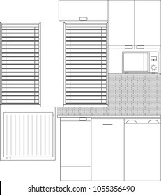 small kitchen interior with furniture and kitchen appliances front view