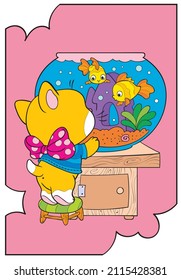 A small kitten looks into the aquarium.  Coloring book for children.