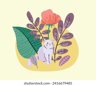 A small kitten walks among flowers and leaves. Hand drawn illustration with cartoon animal, cat, simple botanical composition. Vector graphics.