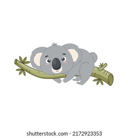 Un pequeño koala yace en una rama de eucalipto. Ilustración del vector