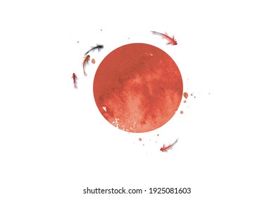  Pequeños peces de carpa koi y un gran sol rojo, símbolo de Japón. Láminas de tinta japonesas tradicionales sumi-e