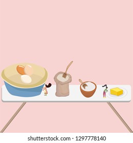 Small ladies preparing ingredients for baking on the kitchen table. Cute vector illustration.