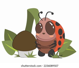 A small ladybug sits on a leaf in front of a mushroom on a spring day.