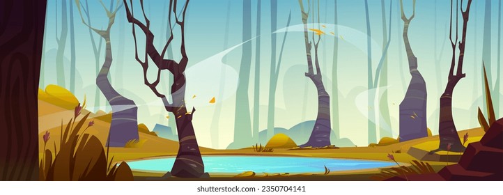 Small lake in autumn forest. Vector cartoon illustration of blue pond surrounded by old trees with yellow foliage, leaves flying in air, flowers, orange grass, stones on ground, blue sky background