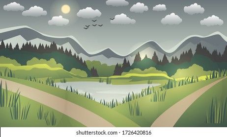 a small lake by the road, among grassy fields and hills against a forest, mountains, sky with the sun, clouds and silhouettes of flying birds. summer forest landscape. vector