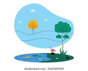 Small lake with clear water, a green frog on a lotus leaf, an orange fish swimming, different kinds of plants growing around the lake, clear sky with white clouds, vector illustration of an ecosystem.