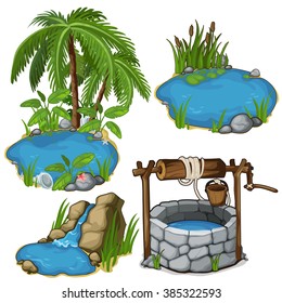 A small lake with palm trees and the inhabitants of the seas for landscaping. The well with drinking water. Vector illustration.