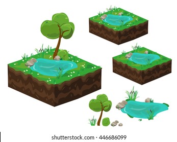 A small lake with  tree for landscaping. Vector illustration. 3d elements for app or videogame