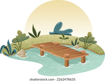 Small lake with wooden pier. Nature background.