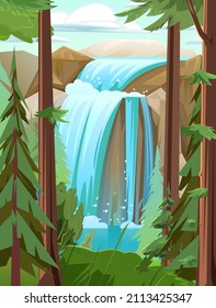 Small landscape with waterfall among rocks. Cascade shimmers downward. Among conifers. Water flowing. Nice cartoon style. Flat design. Vector.