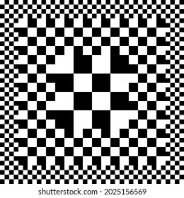 From small to large cells in center checker ornament. Vector chess tile. Black and white colors only.
