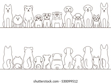 small and large dogs border set, front view and rear view,line art