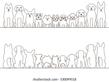 small and large dogs border set, front view and rear view, line art