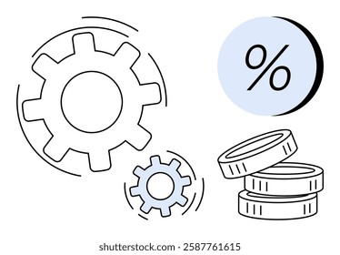 Small and large gears turning alongside percentage sign and stacks of coins. Ideal for business strategies, finance, investment, economic growth, engineering concepts, mechanical systems, automation