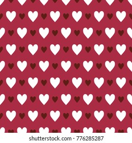Small and large hearts on a dark red background. Seamless pattern.