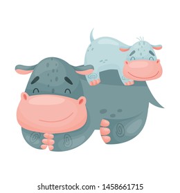 Small and large hippos. Vector illustration on white background.