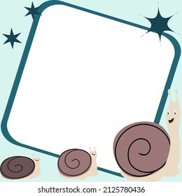 Small and large snails in a square frame blue background cute cartoon animal illustration suitable for young children