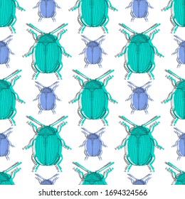 Small and large turquoise blue beetles. Individual insects staggered. Seamless pattern.