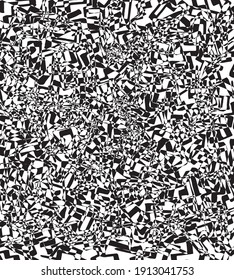 Small and larger ornate, amorphous abstract elements loosely distributed to create unique, decorative pattern in black and white