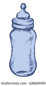 Small latex babe milk vial for new born suckling nursery isolated on white. Freehand outline ink hand drawn background sketchy in art scrawl style pen on paper. View close-up with space for text